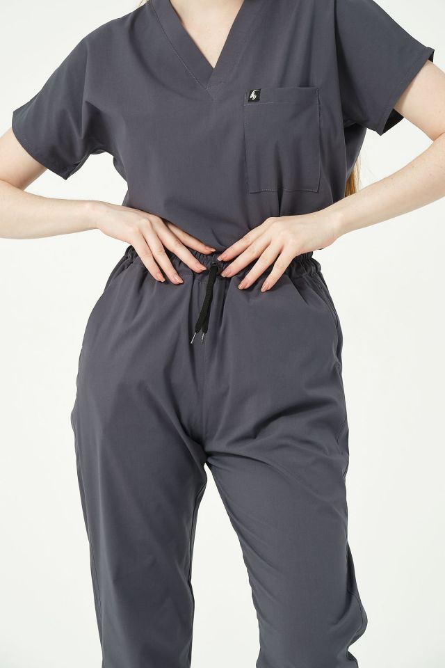 Füme Likralı Scrubs Jogger Paça Doktor Hemşire Forması Yarasa Kol Takım Unisex