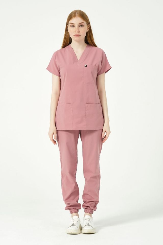 Gül Kurusu Likralı Scrubs Jogger Paça Doktor Hemşire Forması Yarasa Kol Takım Unisex