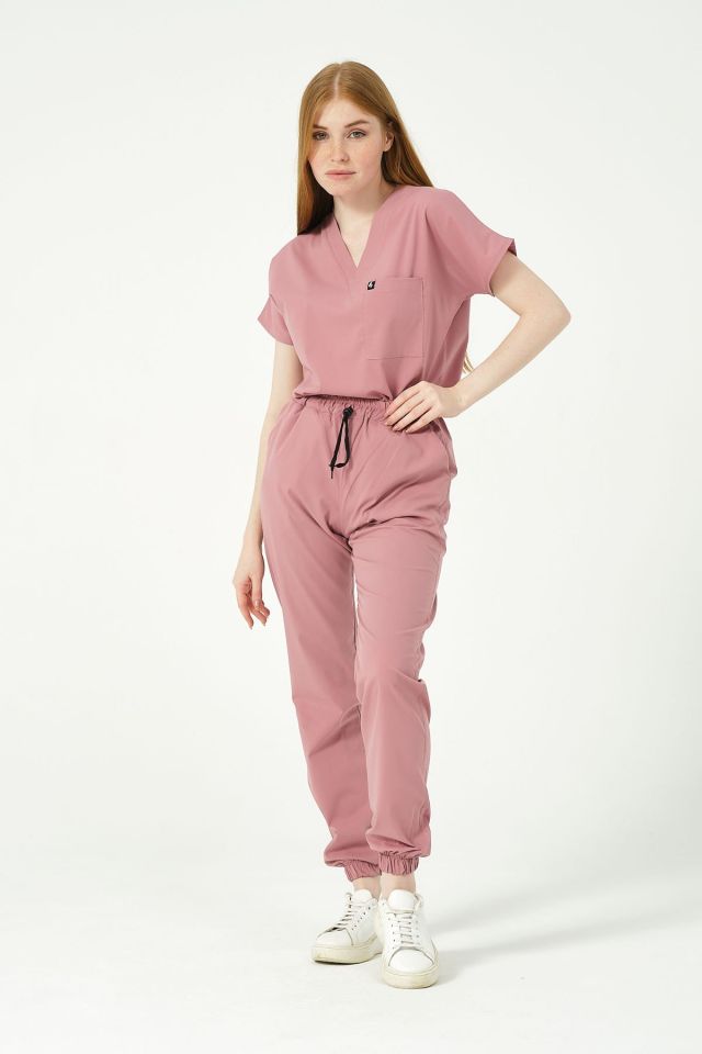 Gül Kurusu Likralı Scrubs Jogger Paça Doktor Hemşire Forması Yarasa Kol Takım Unisex