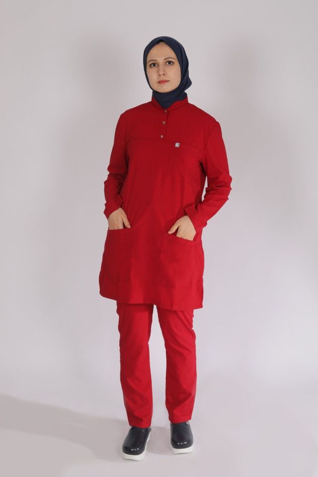 Kırmızı Likralı Tesettür Scrubs Doktor Hemşire Forması Tek Üst 2XS