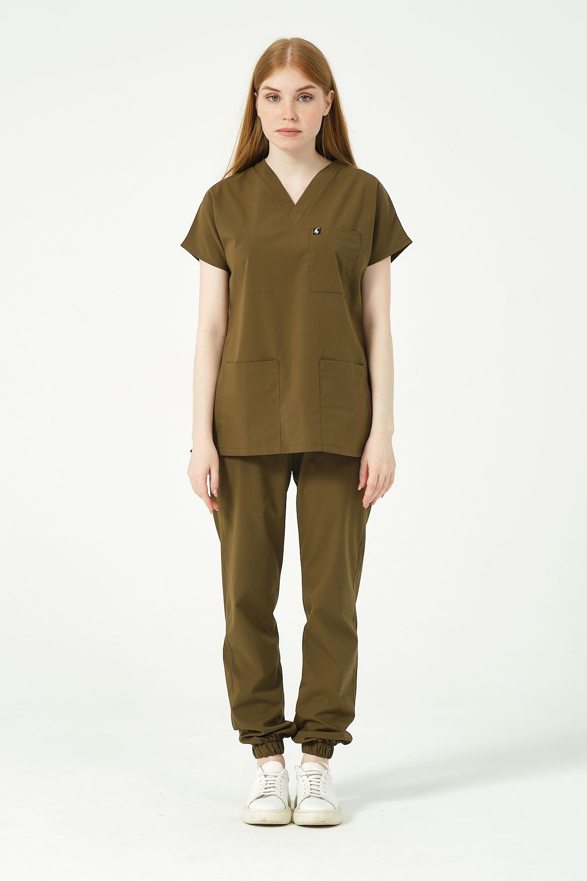 Haki Likralı Scrubs Jogger Paça Doktor Hemşire Forması Yarasa Kol Takım Unisex