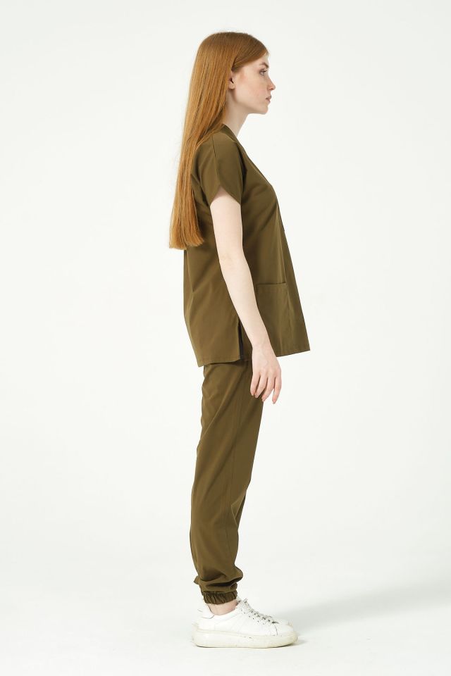 Haki Likralı Scrubs Jogger Paça Doktor Hemşire Forması Yarasa Kol Takım Unisex