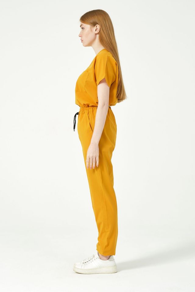 Hardal Likralı Scrubs Jogger Paça Doktor Hemşire Forması Yarasa Kol Takım Unisex