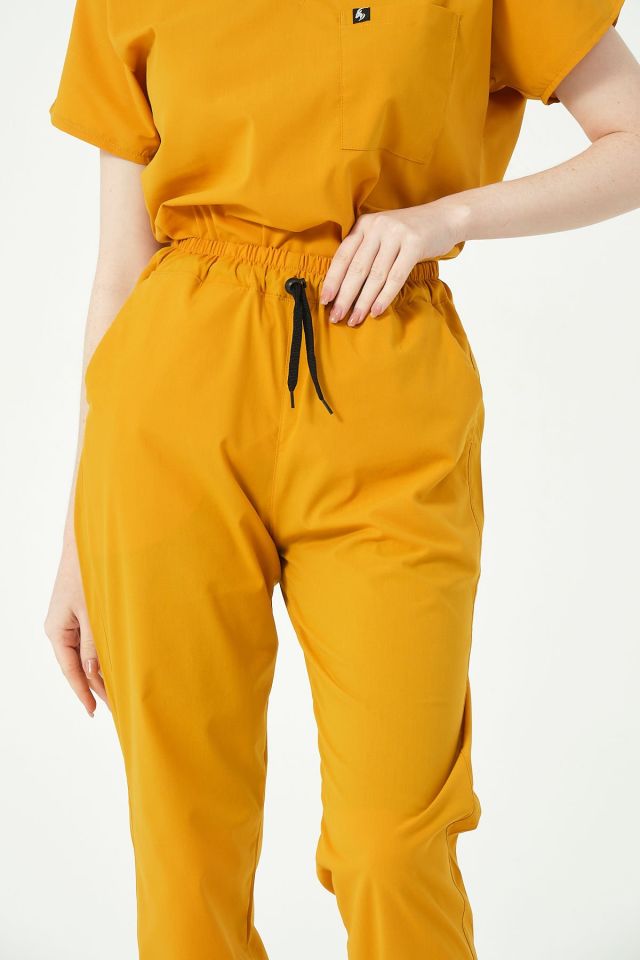 Hardal Likralı Scrubs Jogger Paça Doktor Hemşire Forması Yarasa Kol Takım Unisex