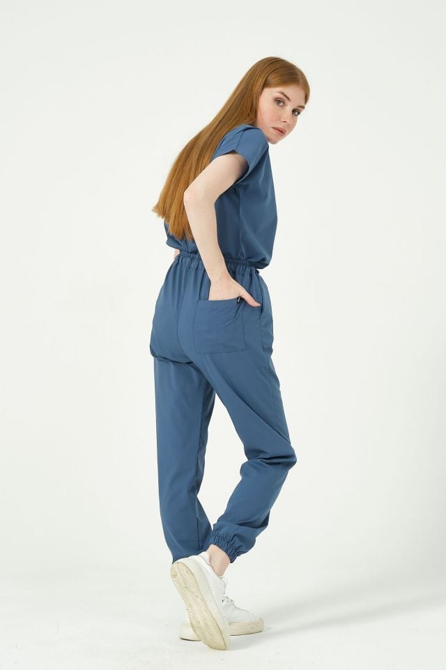 İndigo Likralı Scrubs Jogger Paça Doktor Hemşire Forması Yarasa Kol Takım Unisex