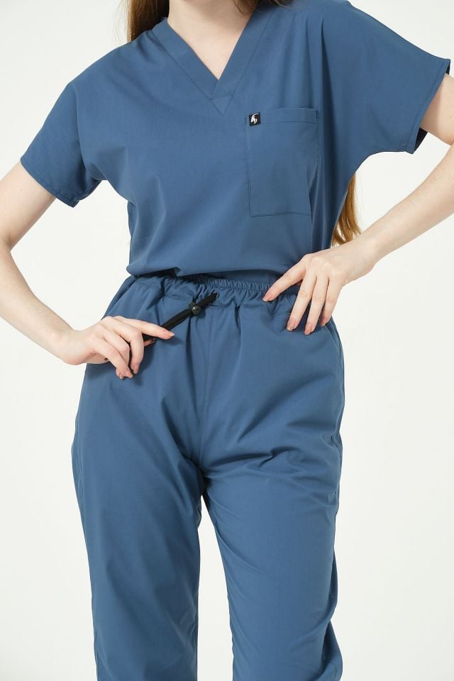 İndigo Likralı Scrubs Jogger Paça Doktor Hemşire Forması Yarasa Kol Takım Unisex