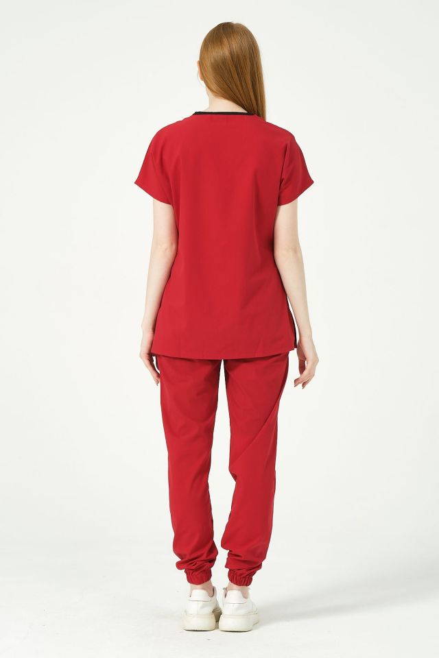 Kırmızı Likralı Scrubs Jogger Paça Doktor Hemşire Forması Yarasa Kol Takım Unisex