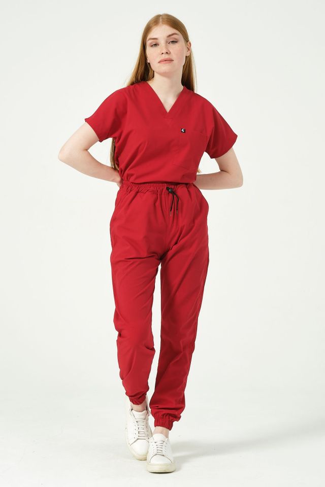 Kırmızı Likralı Scrubs Jogger Paça Doktor Hemşire Forması Yarasa Kol Takım Unisex