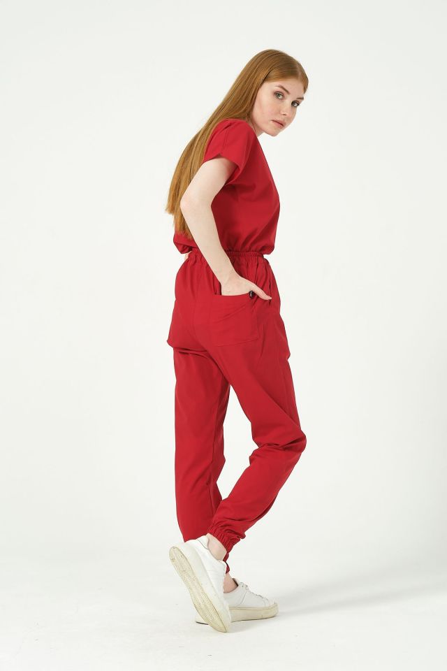 Kırmızı Likralı Scrubs Jogger Paça Doktor Hemşire Forması Yarasa Kol Takım Unisex