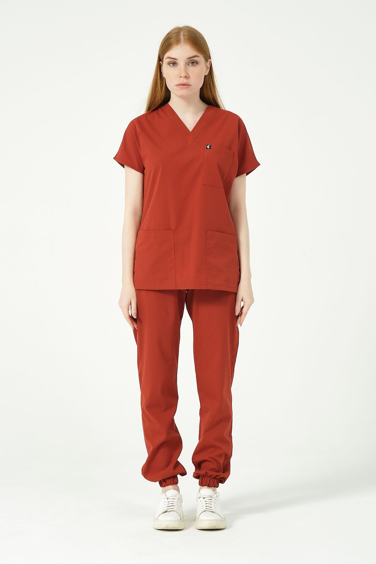 Kiremit Likralı Scrubs Jogger Paça Doktor Hemşire Forması Yarasa Kol Takım Unisex