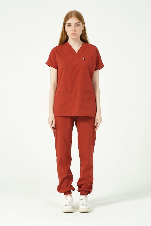 Kiremit Likralı Scrubs Jogger Paça Doktor Hemşire Forması Yarasa Kol Takım Unisex