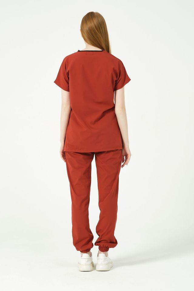 Kiremit Likralı Scrubs Jogger Paça Doktor Hemşire Forması Yarasa Kol Takım Unisex