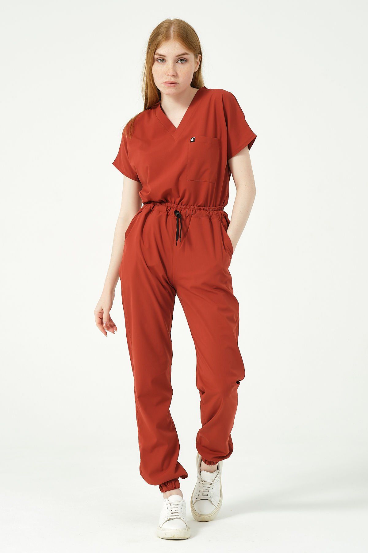 Kiremit Likralı Scrubs Jogger Paça Doktor Hemşire Forması Yarasa Kol Takım Unisex