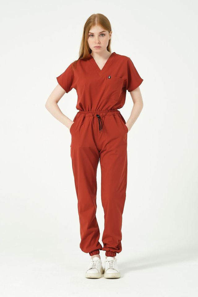 Kiremit Likralı Scrubs Jogger Paça Doktor Hemşire Forması Yarasa Kol Takım Unisex