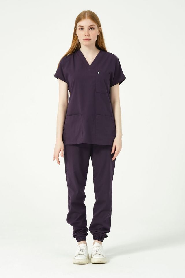 Koyu Mor Likralı Scrubs Jogger Paça Doktor Hemşire Forması Yarasa Kol Takım Unisex