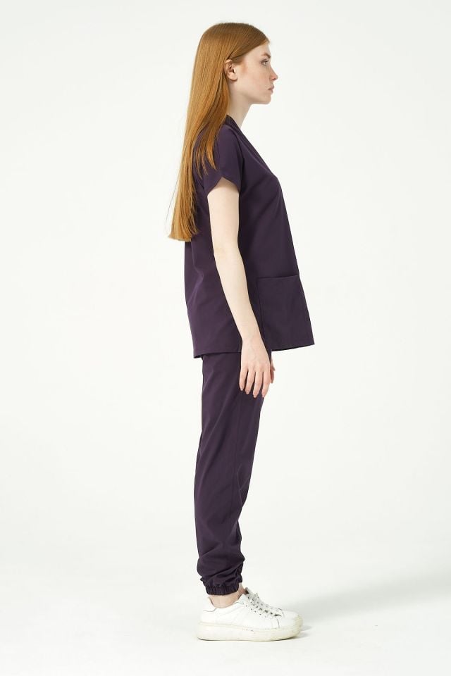 Koyu Mor Likralı Scrubs Jogger Paça Doktor Hemşire Forması Yarasa Kol Takım Unisex