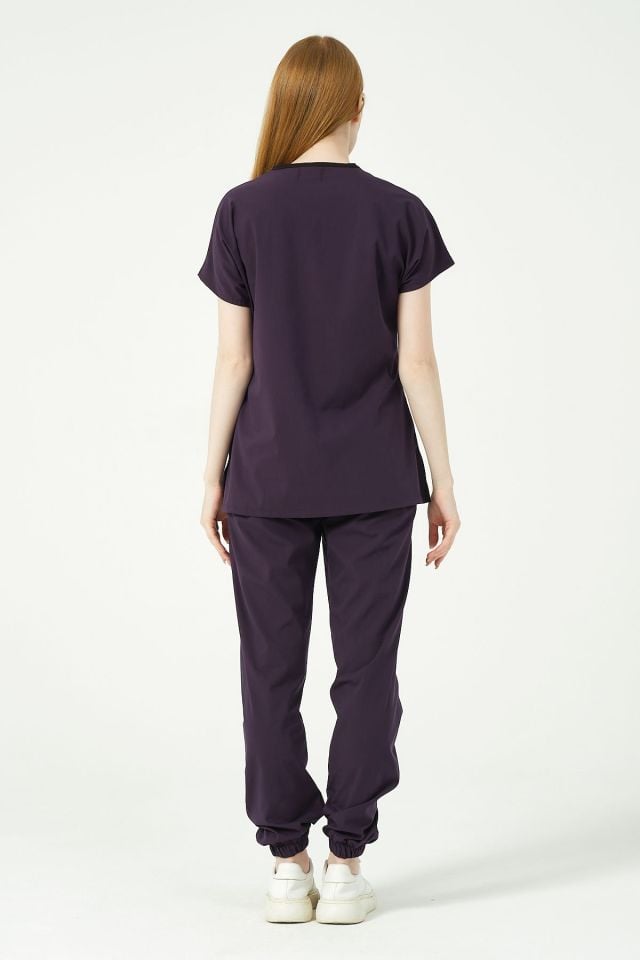 Koyu Mor Likralı Scrubs Jogger Paça Doktor Hemşire Forması Yarasa Kol Takım Unisex