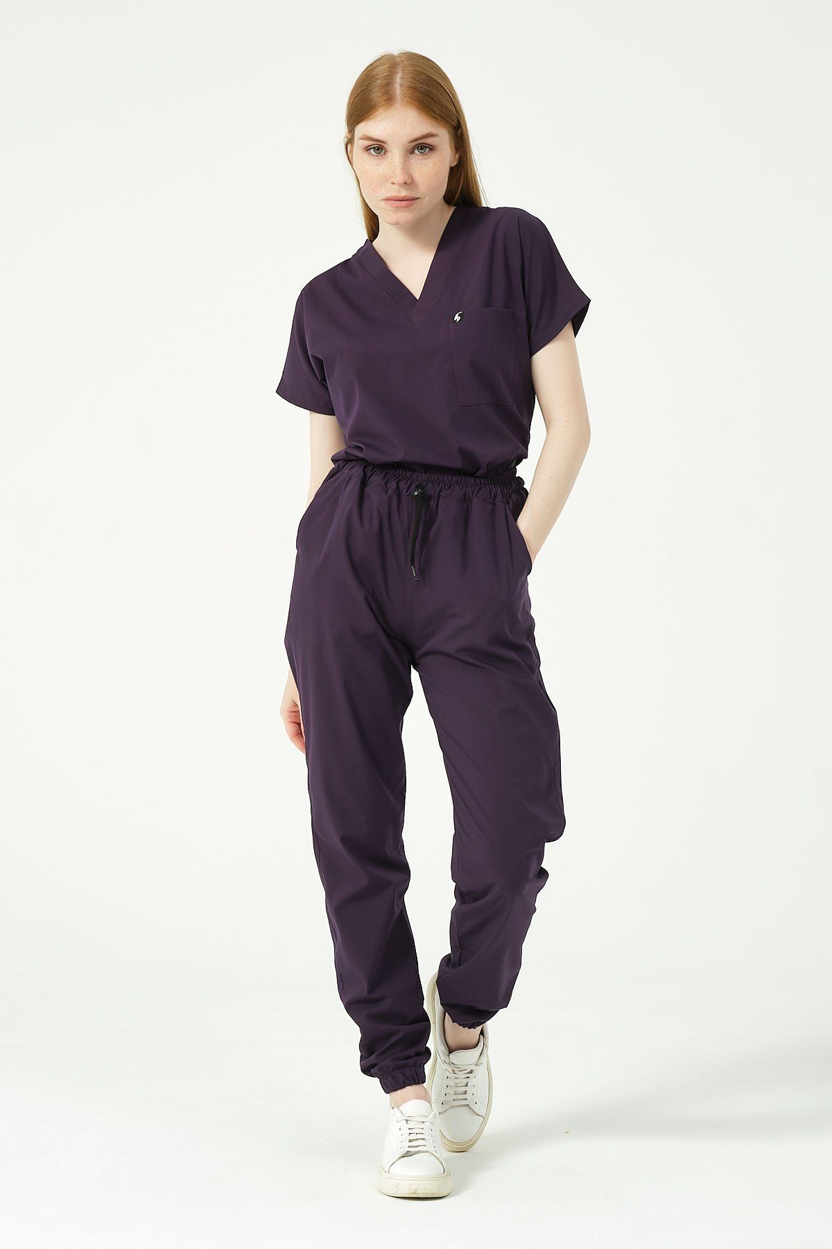Koyu Mor Likralı Scrubs Jogger Paça Doktor Hemşire Forması Yarasa Kol Takım Unisex