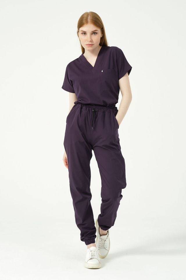 Koyu Mor Likralı Scrubs Jogger Paça Doktor Hemşire Forması Yarasa Kol Takım Unisex