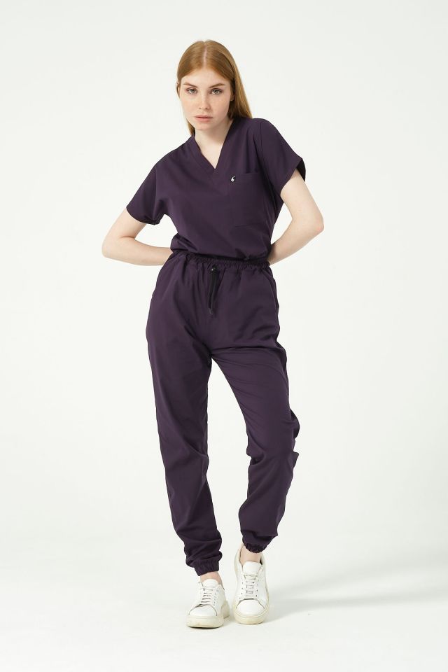 Koyu Mor Likralı Scrubs Jogger Paça Doktor Hemşire Forması Yarasa Kol Takım Unisex