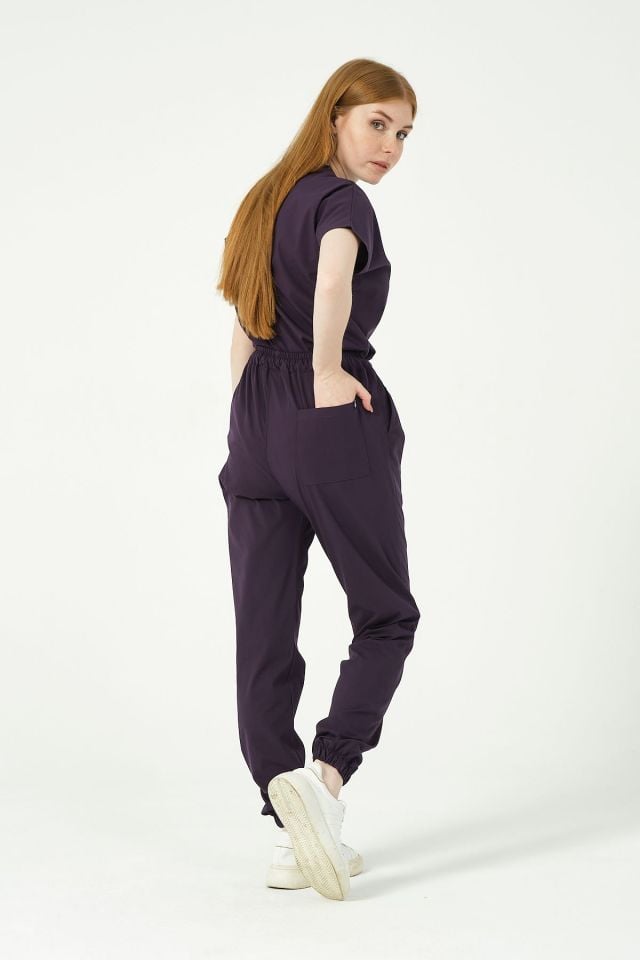 Koyu Mor Likralı Scrubs Jogger Paça Doktor Hemşire Forması Yarasa Kol Takım Unisex
