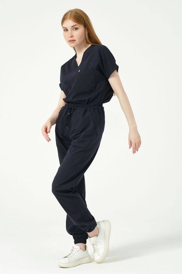 Lacivert Likralı Scrubs Jogger Paça Doktor Hemşire Forması Yarasa Kol Takım Unisex