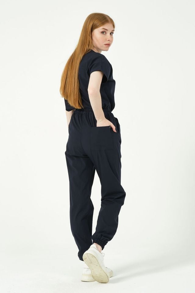 Lacivert Likralı Scrubs Jogger Paça Doktor Hemşire Forması Yarasa Kol Takım Unisex