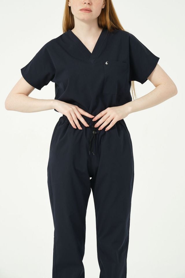 Lacivert Likralı Scrubs Jogger Paça Doktor Hemşire Forması Yarasa Kol Takım Unisex