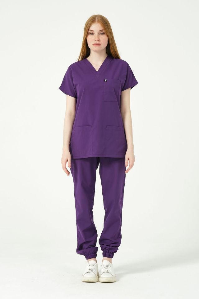 Mor Likralı Scrubs Jogger Paça Doktor Hemşire Forması Yarasa Kol Takım Unisex