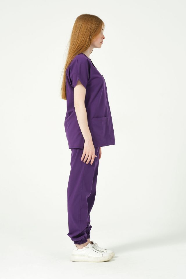 Mor Likralı Scrubs Jogger Paça Doktor Hemşire Forması Yarasa Kol Takım Unisex