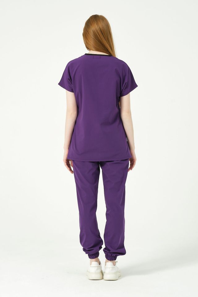 Mor Likralı Scrubs Jogger Paça Doktor Hemşire Forması Yarasa Kol Takım Unisex