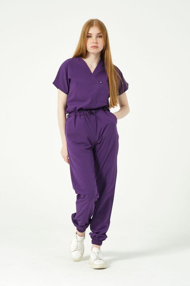 Mor Likralı Scrubs Jogger Paça Doktor Hemşire Forması Yarasa Kol Takım Unisex
