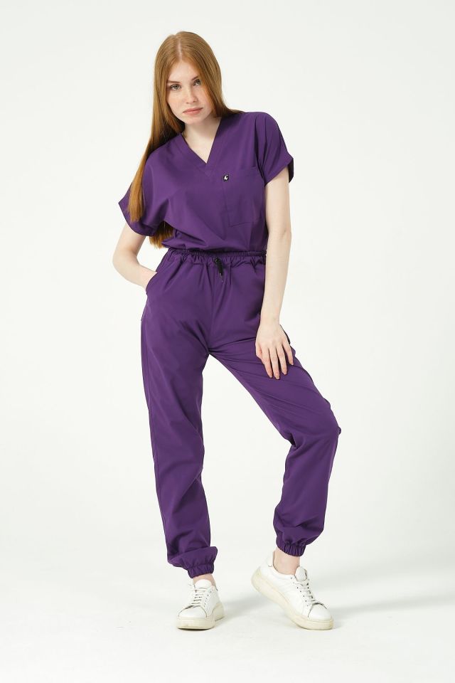 Mor Likralı Scrubs Jogger Paça Doktor Hemşire Forması Yarasa Kol Takım Unisex