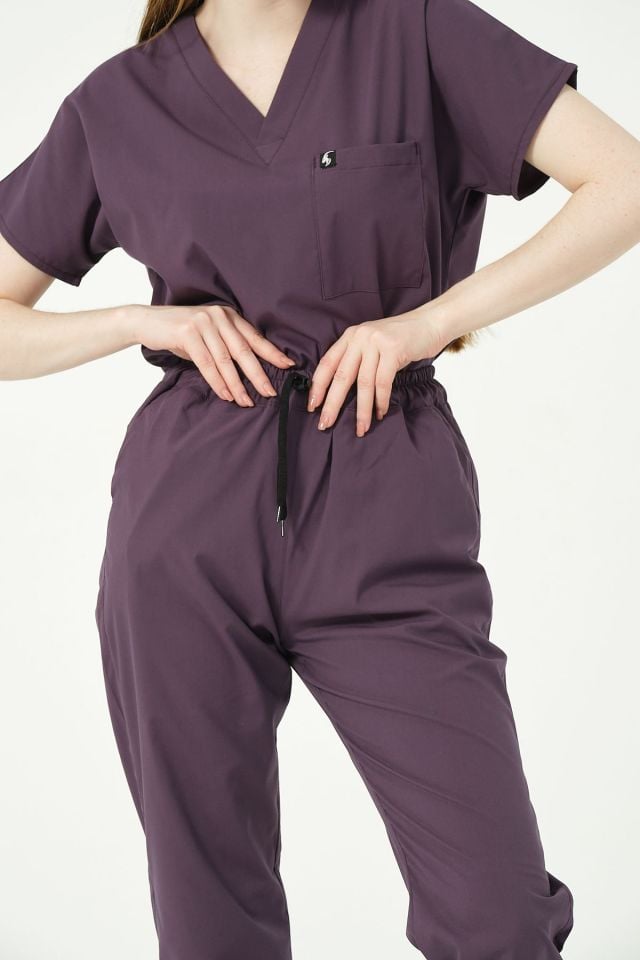 Mürdüm Likralı Scrubs Jogger Paça Doktor Hemşire Forması Yarasa Kol Takım Unisex