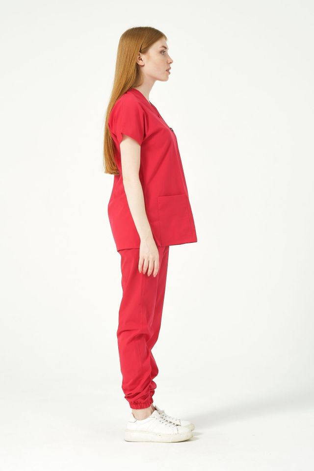 Nar Çiçeği Likralı Scrubs Jogger Paça Doktor Hemşire Forması Yarasa Kol Takım Unisex