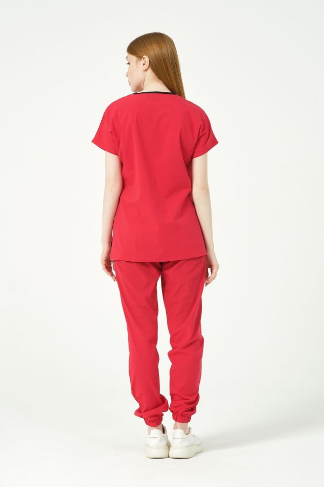 Nar Çiçeği Likralı Scrubs Jogger Paça Doktor Hemşire Forması Yarasa Kol Takım Unisex