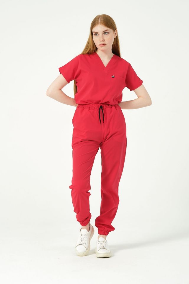 Nar Çiçeği Likralı Scrubs Jogger Paça Doktor Hemşire Forması Yarasa Kol Takım Unisex