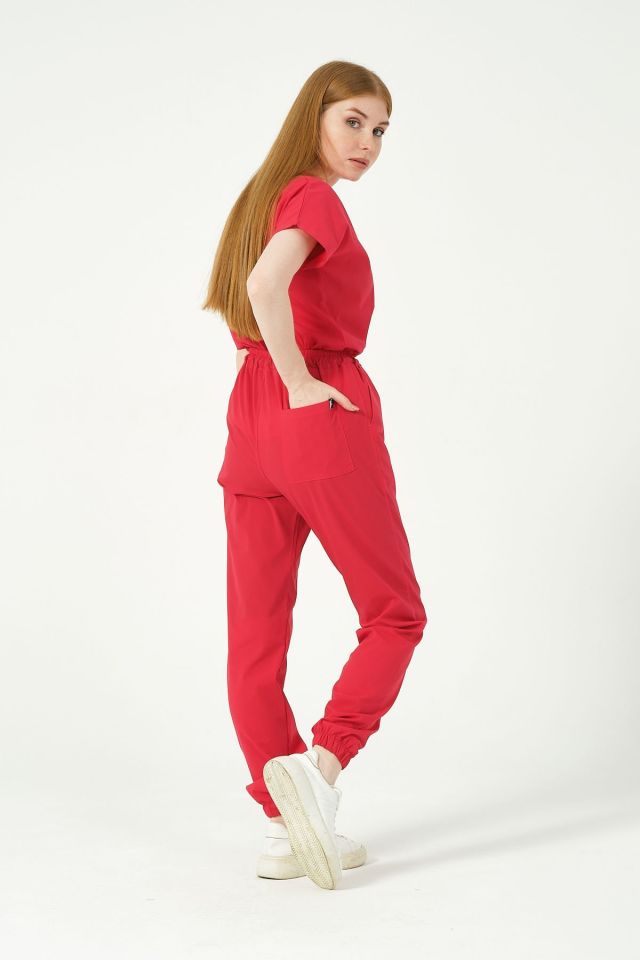 Nar Çiçeği Likralı Scrubs Jogger Paça Doktor Hemşire Forması Yarasa Kol Takım Unisex