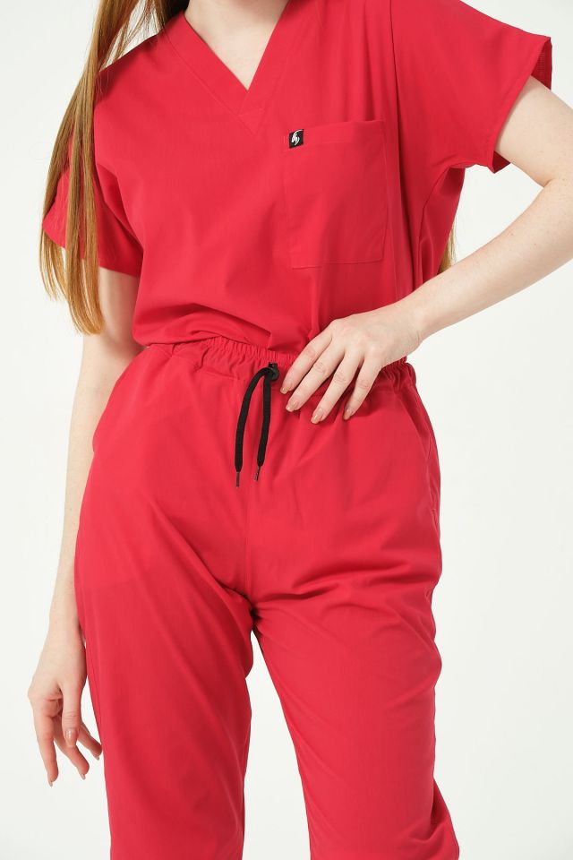 Nar Çiçeği Likralı Scrubs Jogger Paça Doktor Hemşire Forması Yarasa Kol Takım Unisex