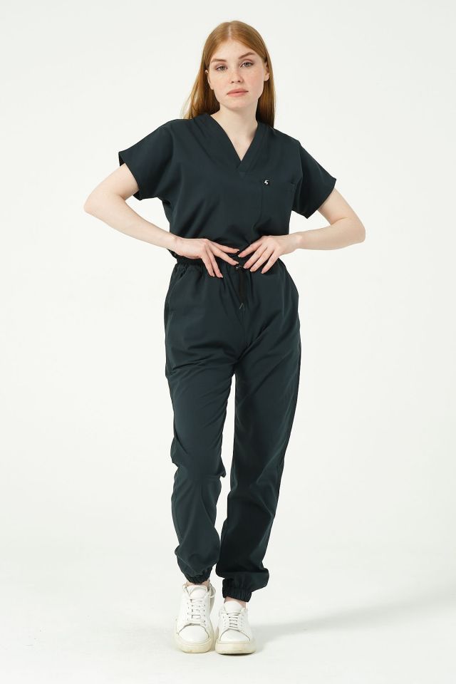 Ördek Yeşili Likralı Scrubs Jogger Paça Doktor Hemşire Forması Yarasa Kol Takım Unisex