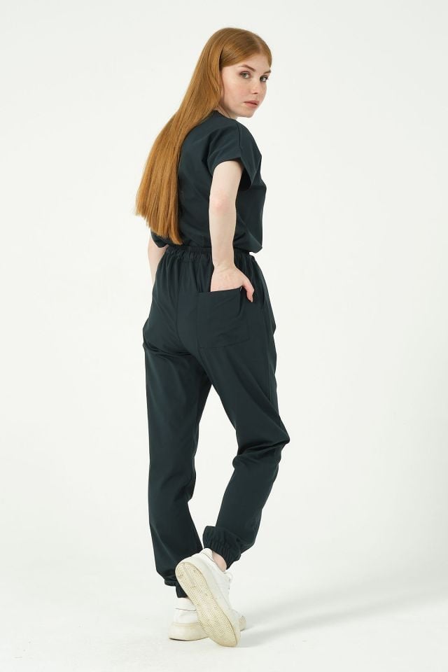 Ördek Yeşili Likralı Scrubs Jogger Paça Doktor Hemşire Forması Yarasa Kol Takım Unisex