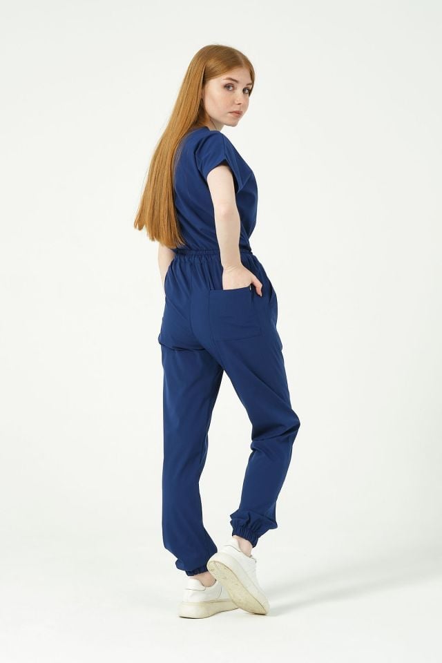 Saks Mavi Likralı Scrubs Jogger Paça Doktor Hemşire Forması Yarasa Kol Takım Unisex