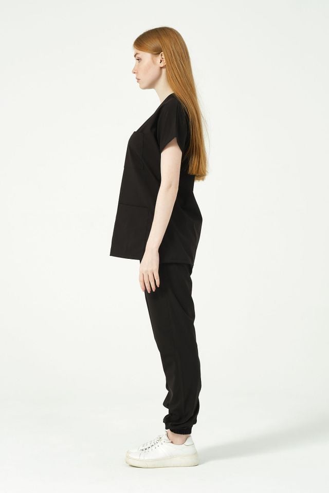 Siyah Likralı Scrubs Jogger Paça Doktor Hemşire Forması Yarasa Kol Takım Unisex