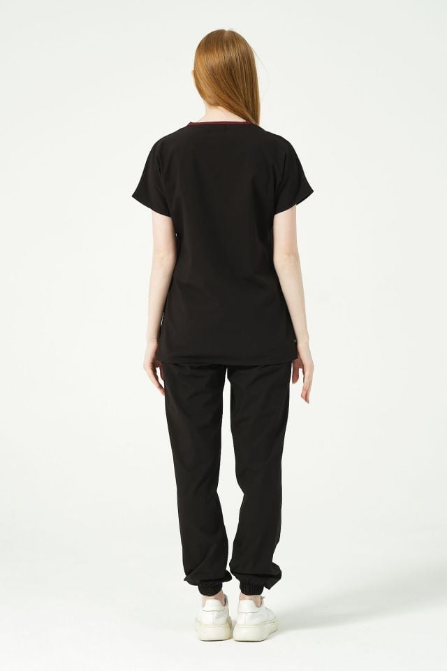 Siyah Likralı Scrubs Jogger Paça Doktor Hemşire Forması Yarasa Kol Takım Unisex