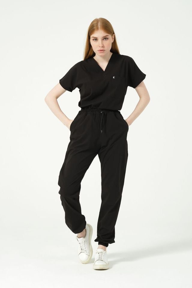 Siyah Likralı Scrubs Jogger Paça Doktor Hemşire Forması Yarasa Kol Takım Unisex
