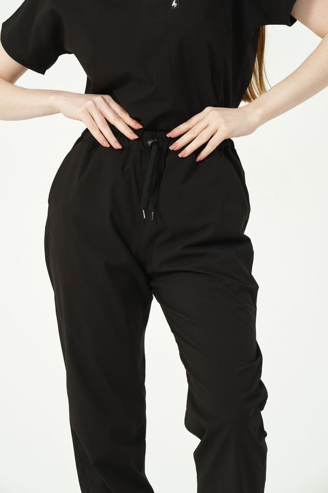 Siyah Likralı Scrubs Jogger Paça Doktor Hemşire Forması Yarasa Kol Takım Unisex