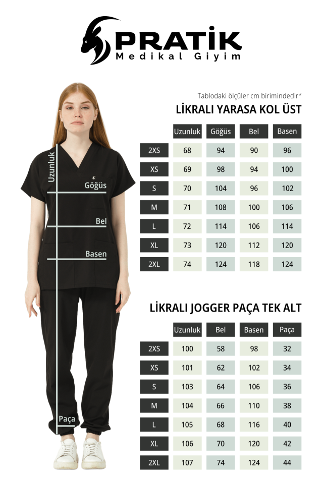 Siyah Likralı Scrubs Jogger Paça Doktor Hemşire Forması Yarasa Kol Takım Unisex
