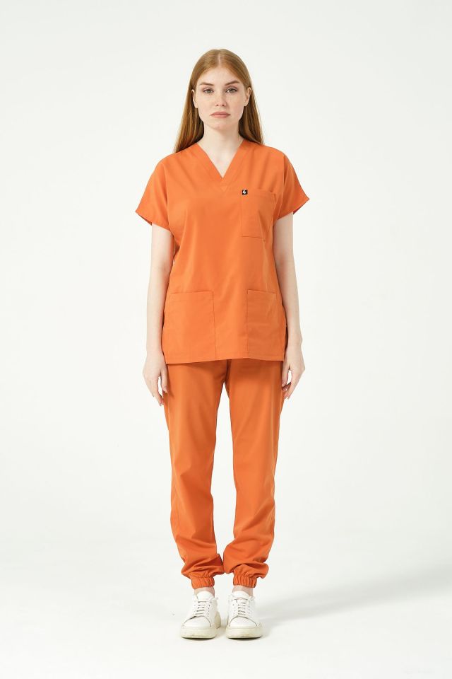 Somon Likralı Scrubs Jogger Paça Doktor Hemşire Forması Yarasa Kol Takım Unisex