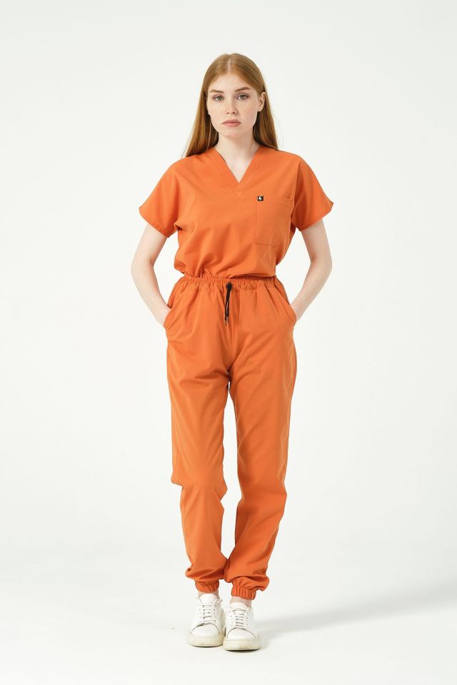 Somon Likralı Scrubs Jogger Paça Doktor Hemşire Forması Yarasa Kol Takım Unisex