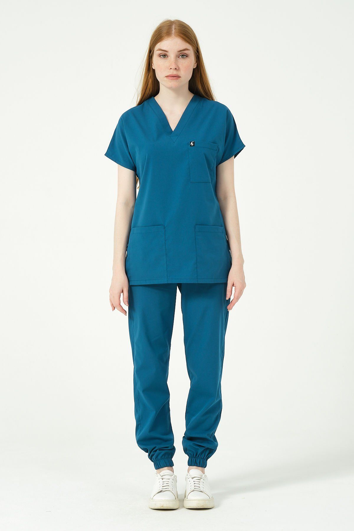 Turkuaz Likralı Scrubs Jogger Paça Doktor Hemşire Forması Yarasa Kol Takım Unisex